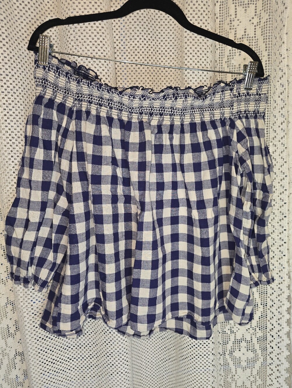 Shyanne Blue And White Gingham Off The Shoulder Smocked Top, Womens Large